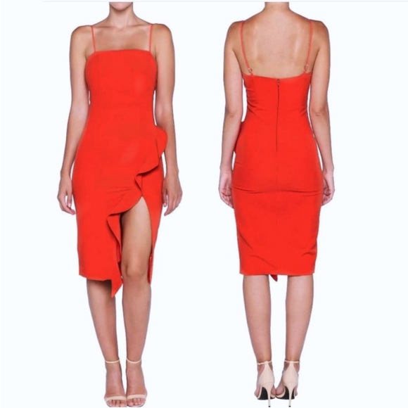 ☑️ Bardot Carmelle Cocktail Dress Ruffle Slit Fitted size 10/L - Picture 3 of 12